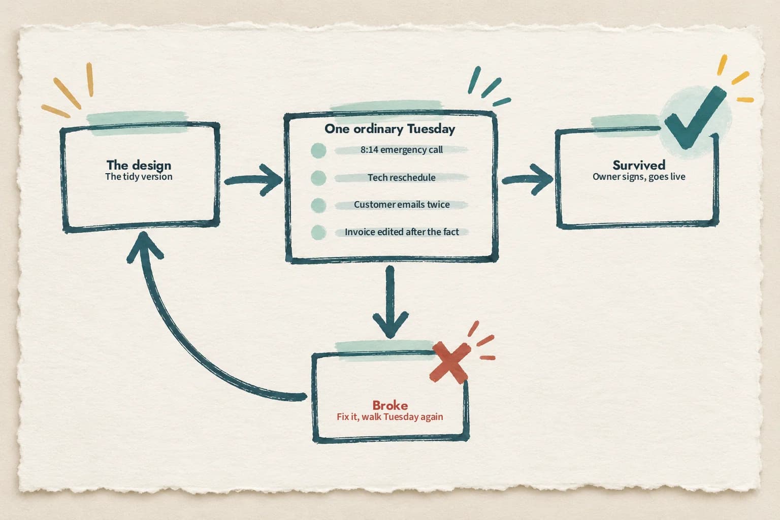 The tidy design goes through one ordinary Tuesday: an 8:14 emergency call, a tech reschedule, a customer who emails twice, an invoice edited after the fact. If it survives, the owner signs and it goes live. If it breaks, it is fixed and Tuesday is walked again.