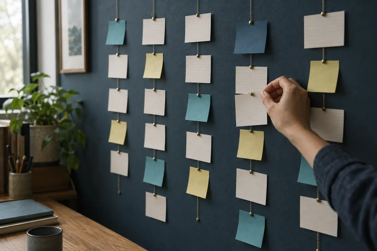 A hand pinning an index card to a wall of cards arranged in five columns