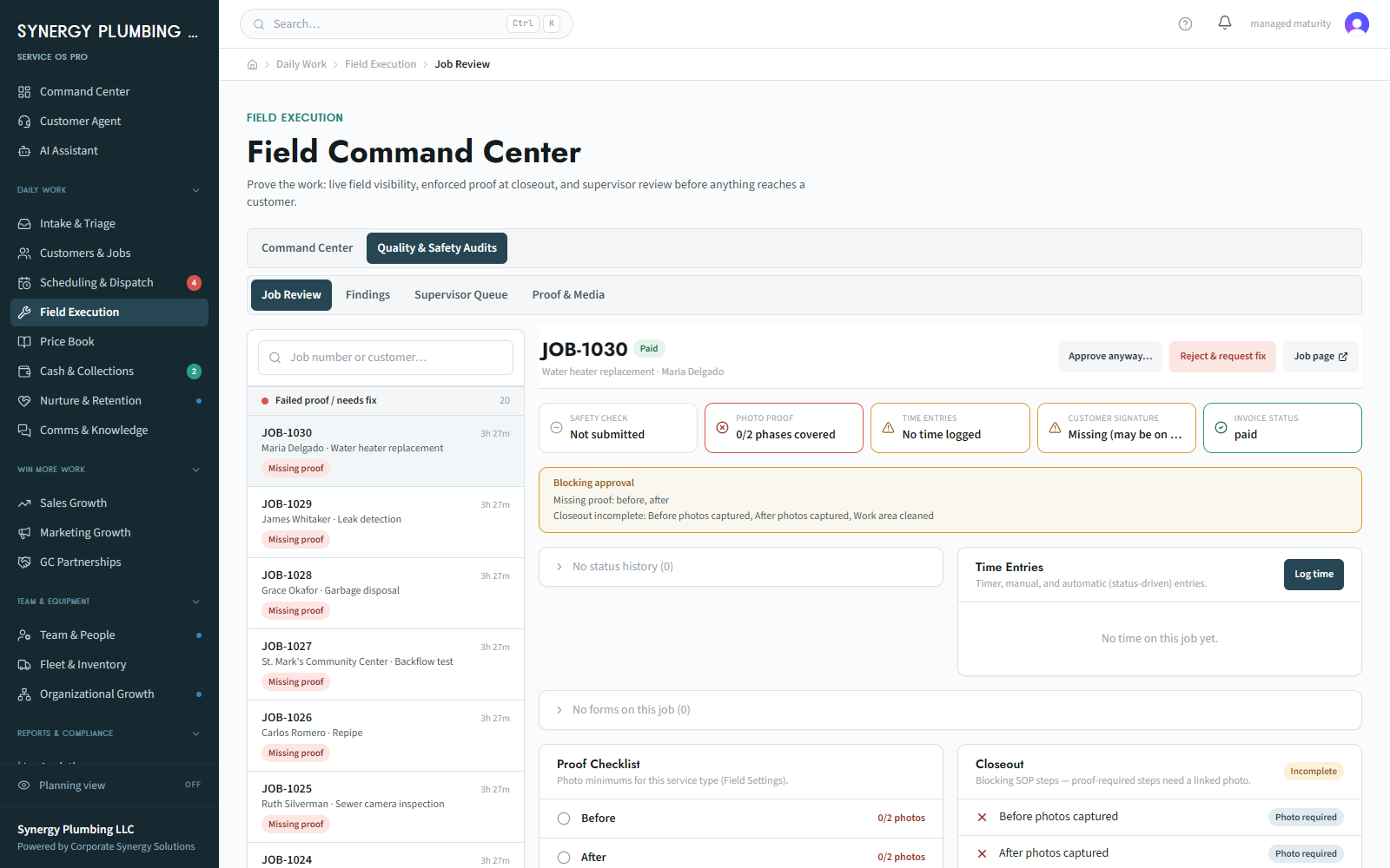 The Service OS Pro field execution job review screen with a job selected, showing the closeout checklist and proof photos