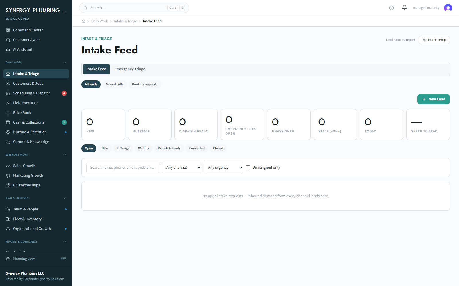The Service OS Pro intake queue showing incoming leads with channel, urgency and triage status